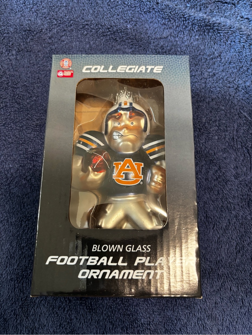 Auburn Tigers Blue & Orange Blown Glass Football Player Ornament